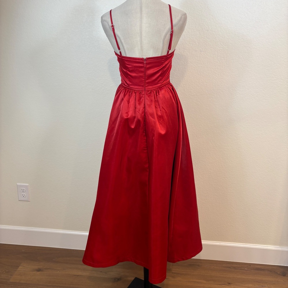 MABLE Bustier Midi Dress Womens S Red Satin A-Line Basque waist Cocktail Party - Picture 6 of 8